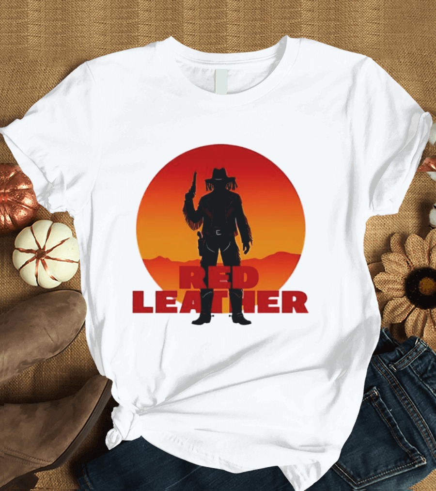 Red Leather Cowboy Sunset Silhouette With Gun And Hat In Desert T-Shirt