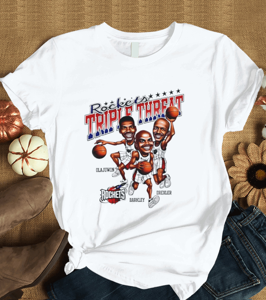 Hakeem Olajuwon Charles Barkley Clyde Drexler Rockets Triple Threat NBA Legends T-Shirt