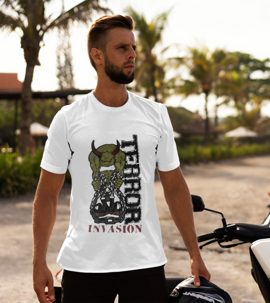 Terror Invasion Demon Holding Chains Warrior Monster T-Shirt