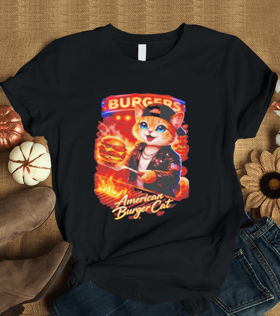 Burgers Flame Grilling American Burger Cat Fun T-Shirt