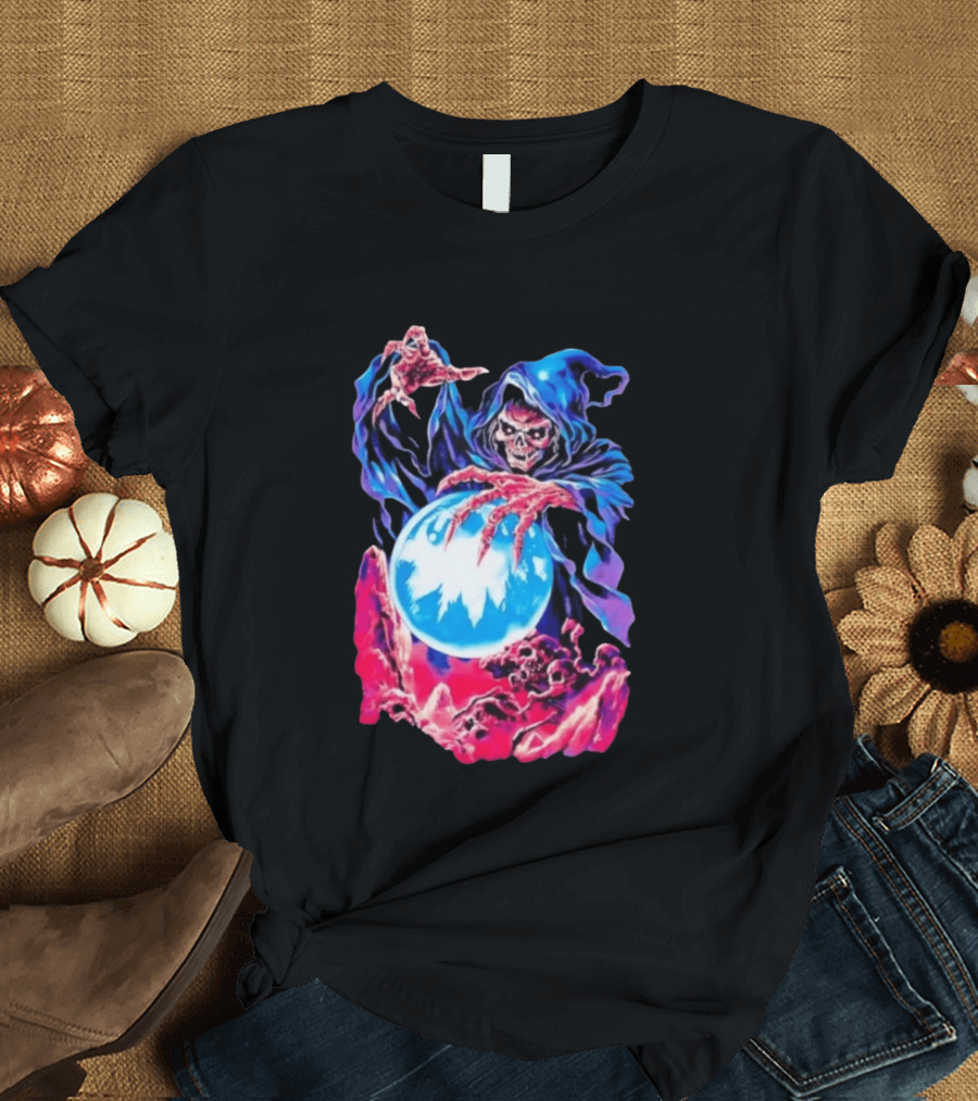 Grim Reaper Crystal Ball Skull Mystical Skeleton Hooded Cloak T-Shirt