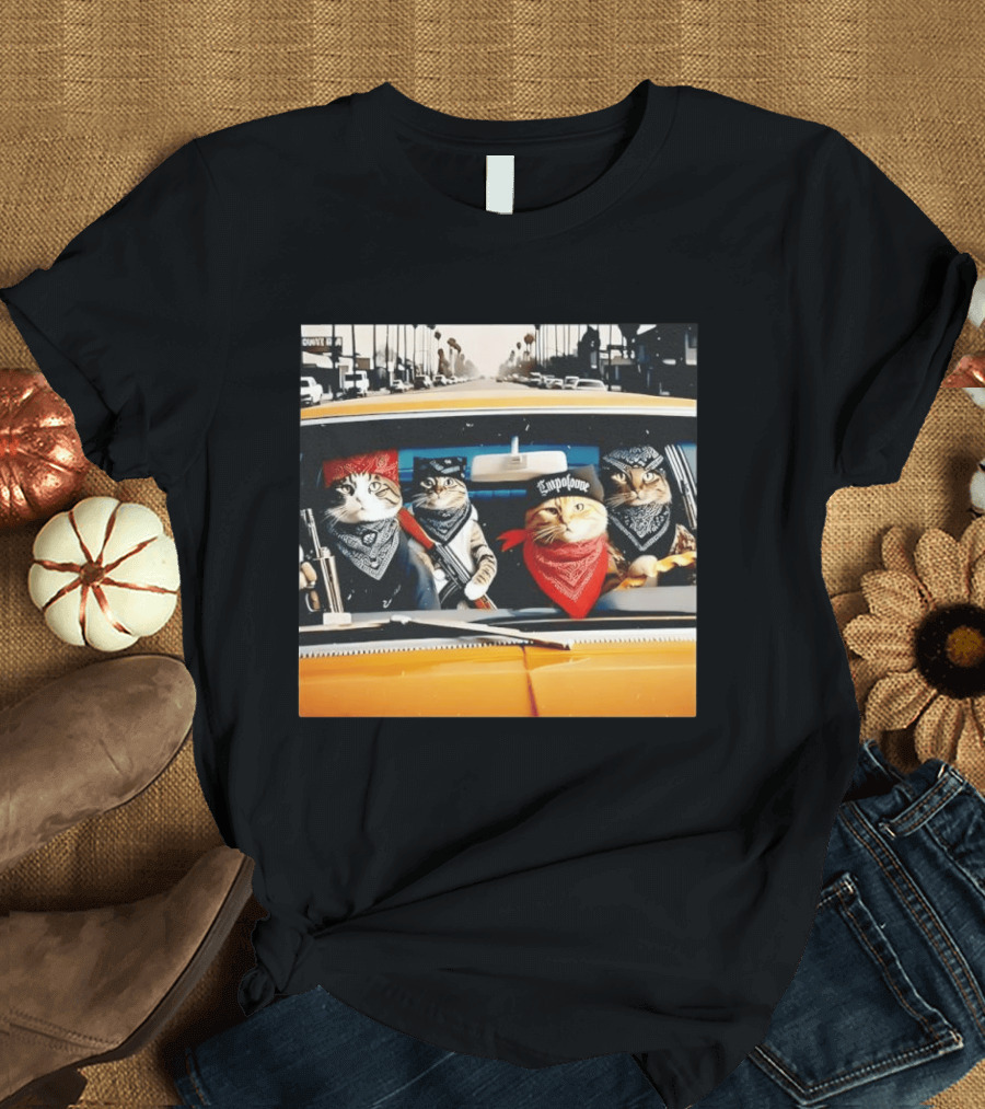 Gangster Cats In Lowrider Car With Bandanas And Guns T-Shirt