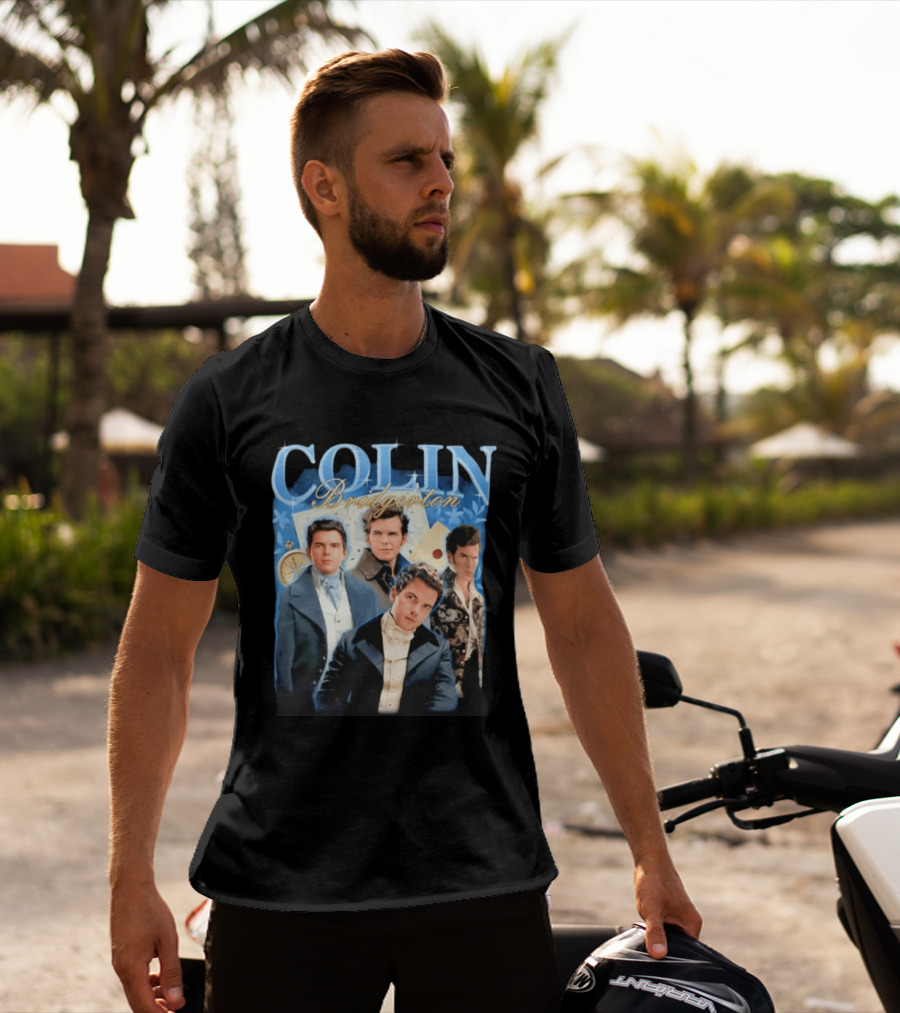 Colin Bridgerton Regency Style Fashion Characters On Blue T-Shirt