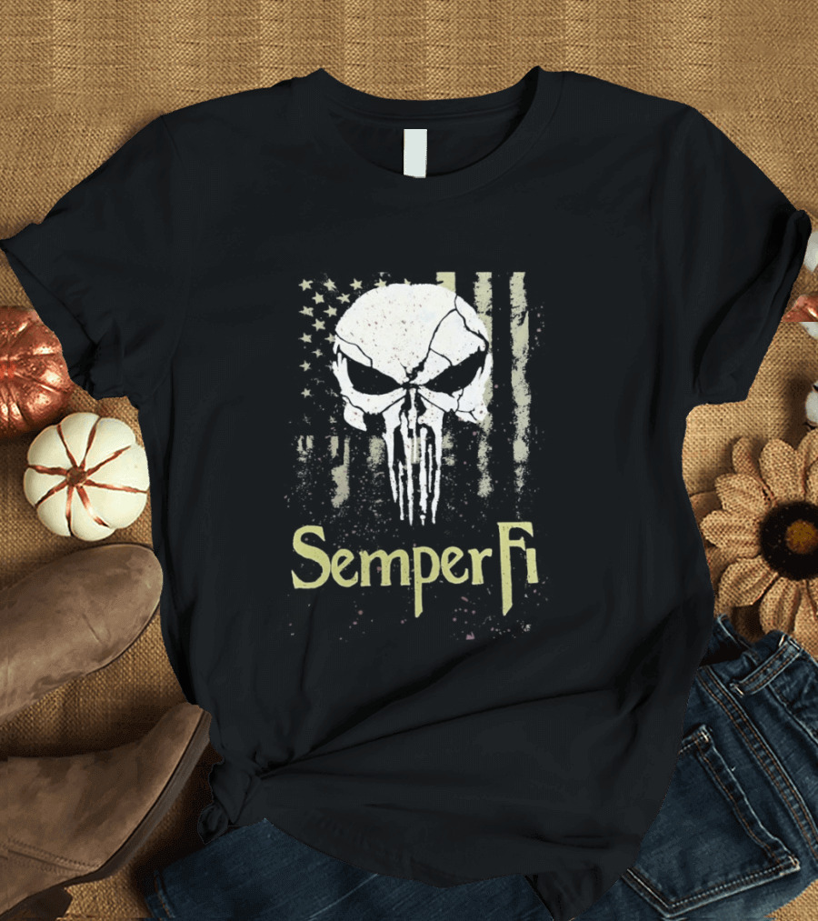 USA Flag Skull Semper Fi T-Shirt