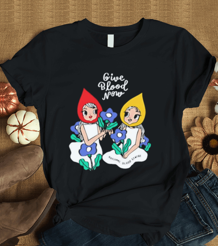 Give Blood Now National Blood Centre Cartoon Girls With Flowers T-Shirt