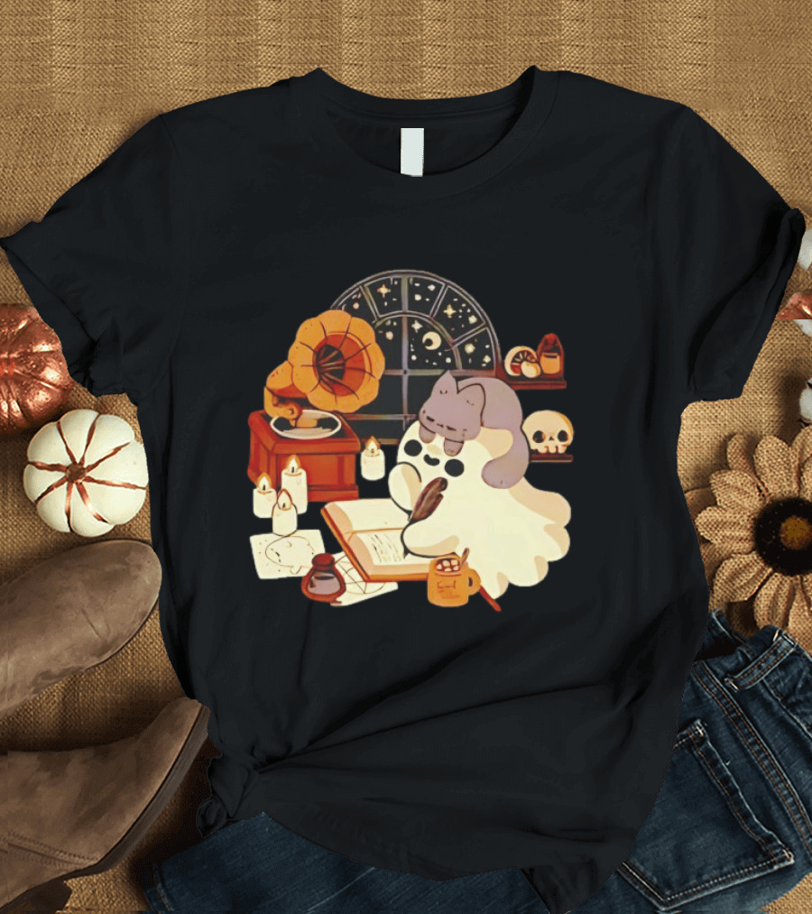 Ghost Cat Listening To Phonograph Under Night Sky While Writing T-Shirt