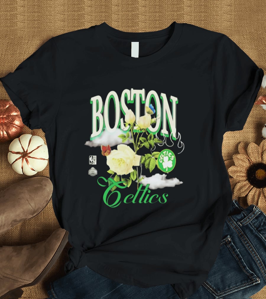 Boston Celtics Floral Roses With Butterfly And Shamrock T-Shirt