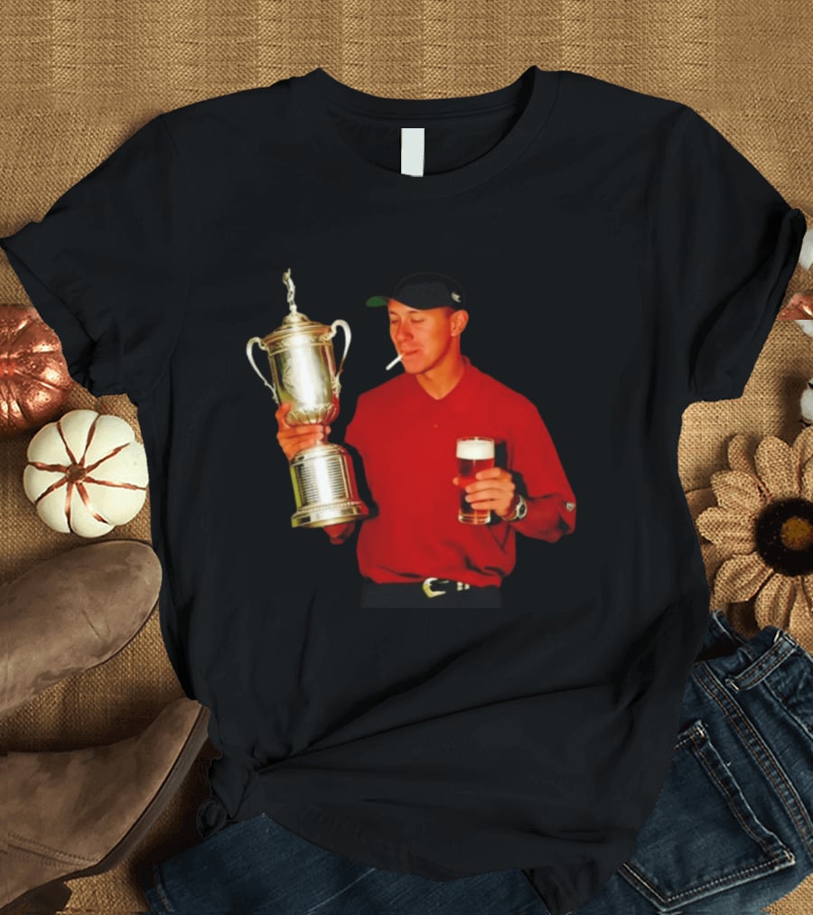 Tiger Woods Holding US Open Trophy With Cigarette And Drink In Hand T-Shirt