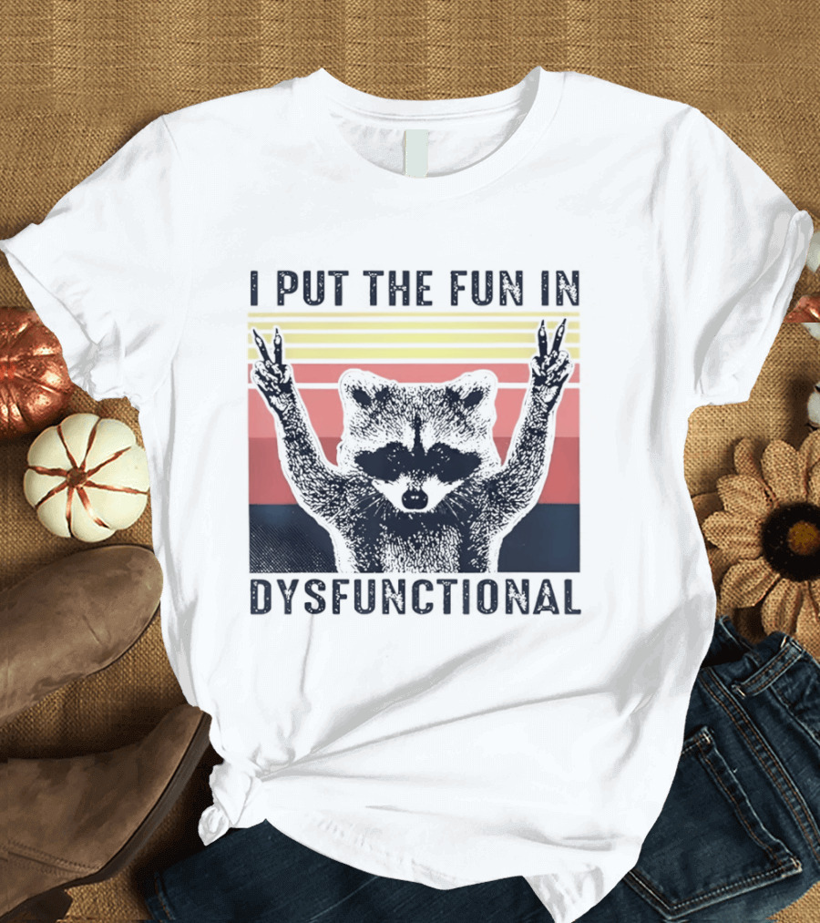 Raccoon Peace Gesture Fun In Dysfunctional Retro Sunset T-Shirt