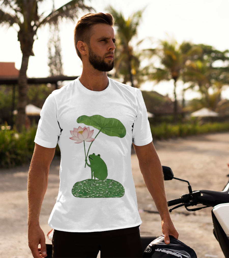 Frog With Lotus Umbrella Under The Rain Meme Cute Nature Scene T-Shirt
