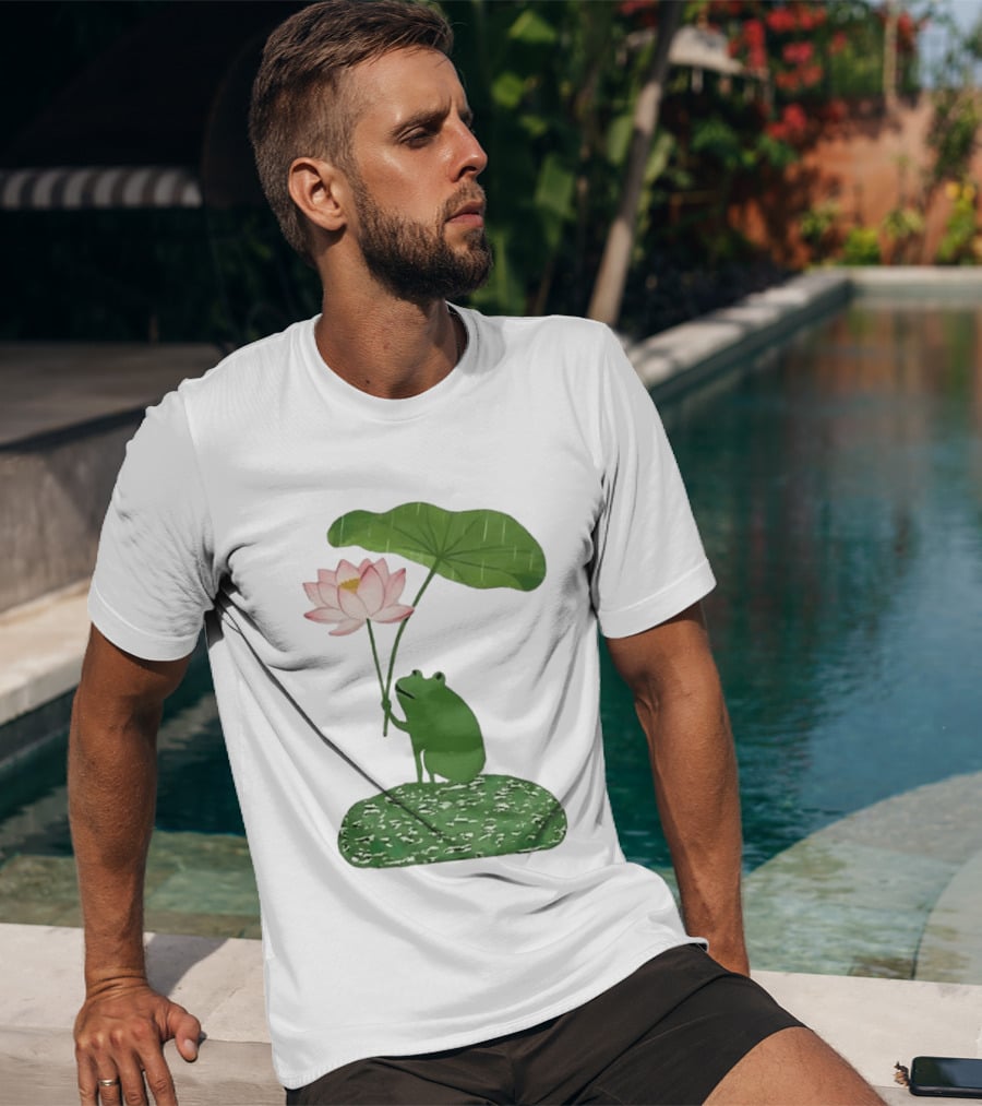 Frog With Lotus Umbrella Under The Rain Meme Cute Nature Scene T-Shirt