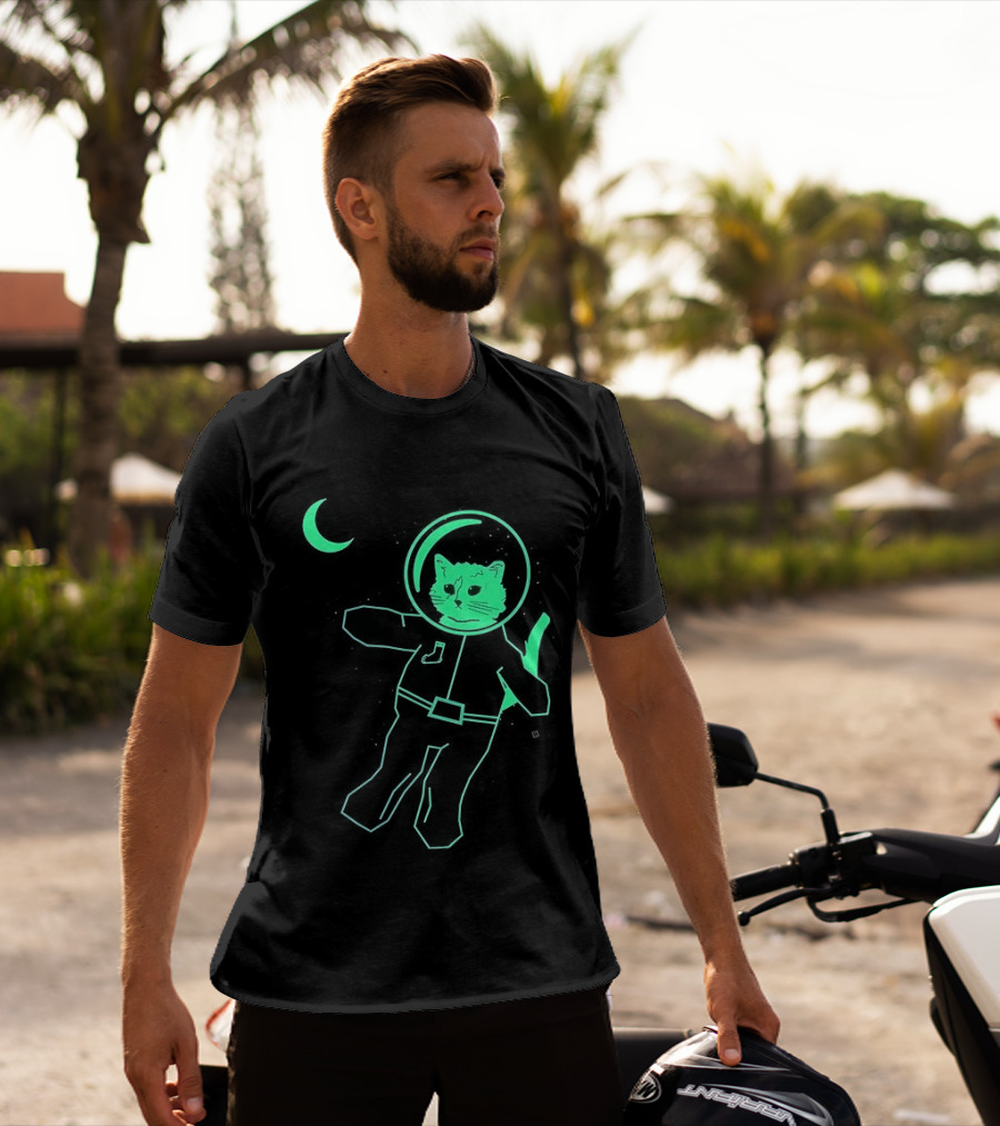 Glow In The Dark Astronaut Neon Cat With Moon Phases T-Shirt