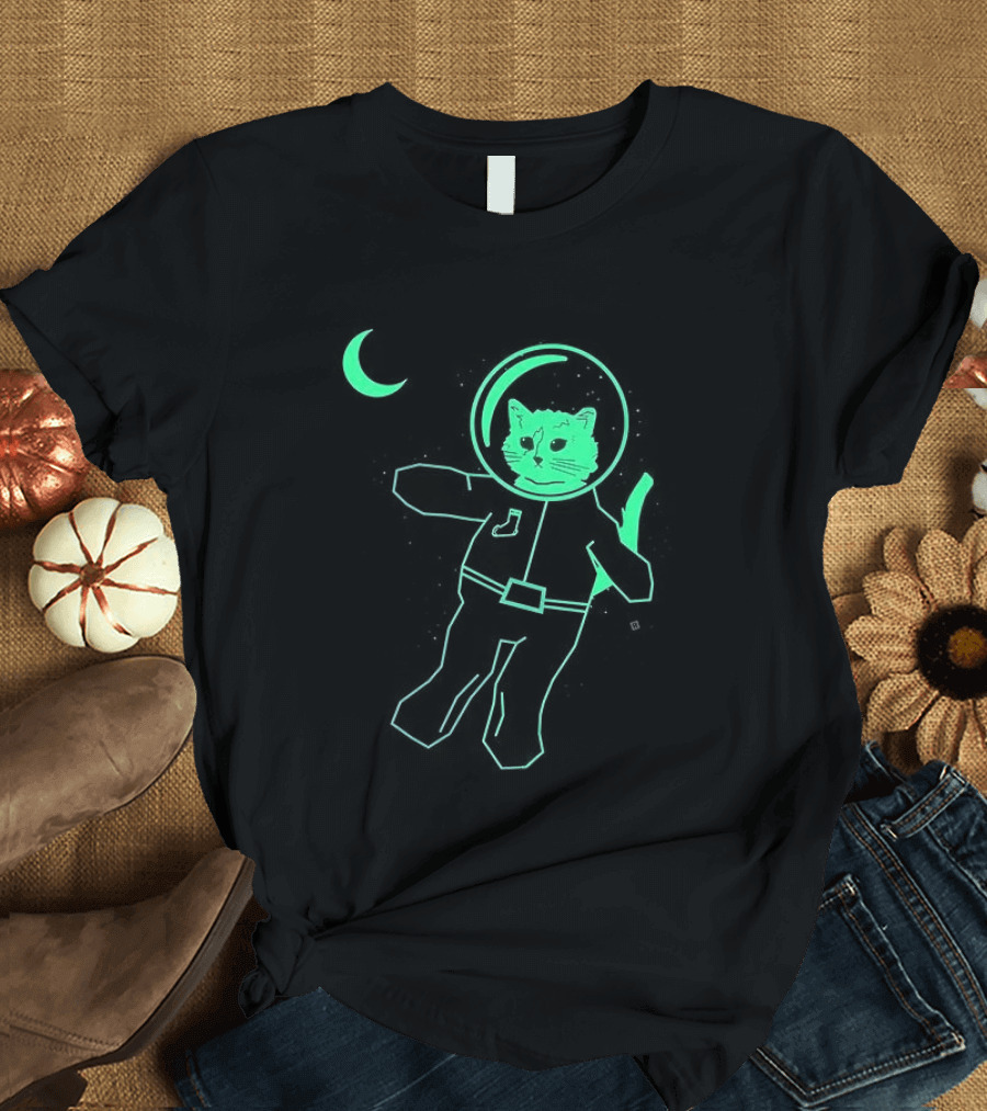 Glow In The Dark Astronaut Neon Cat With Moon Phases T-Shirt