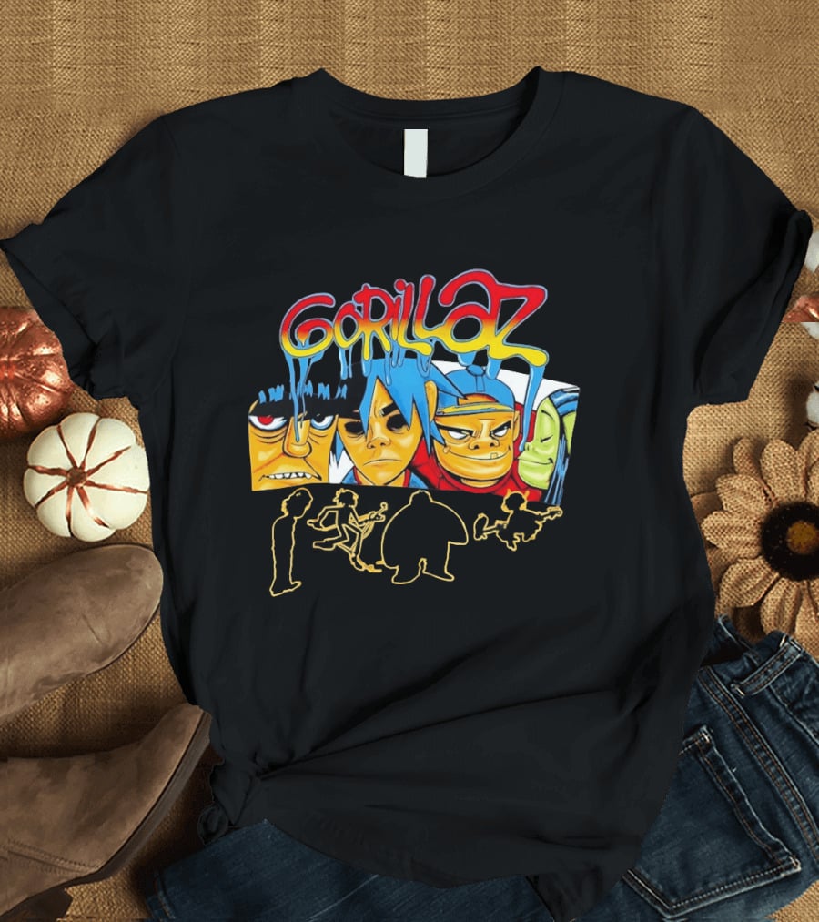 Gorillaz Band Characters Face Art And Silhouette Outlines T-Shirt