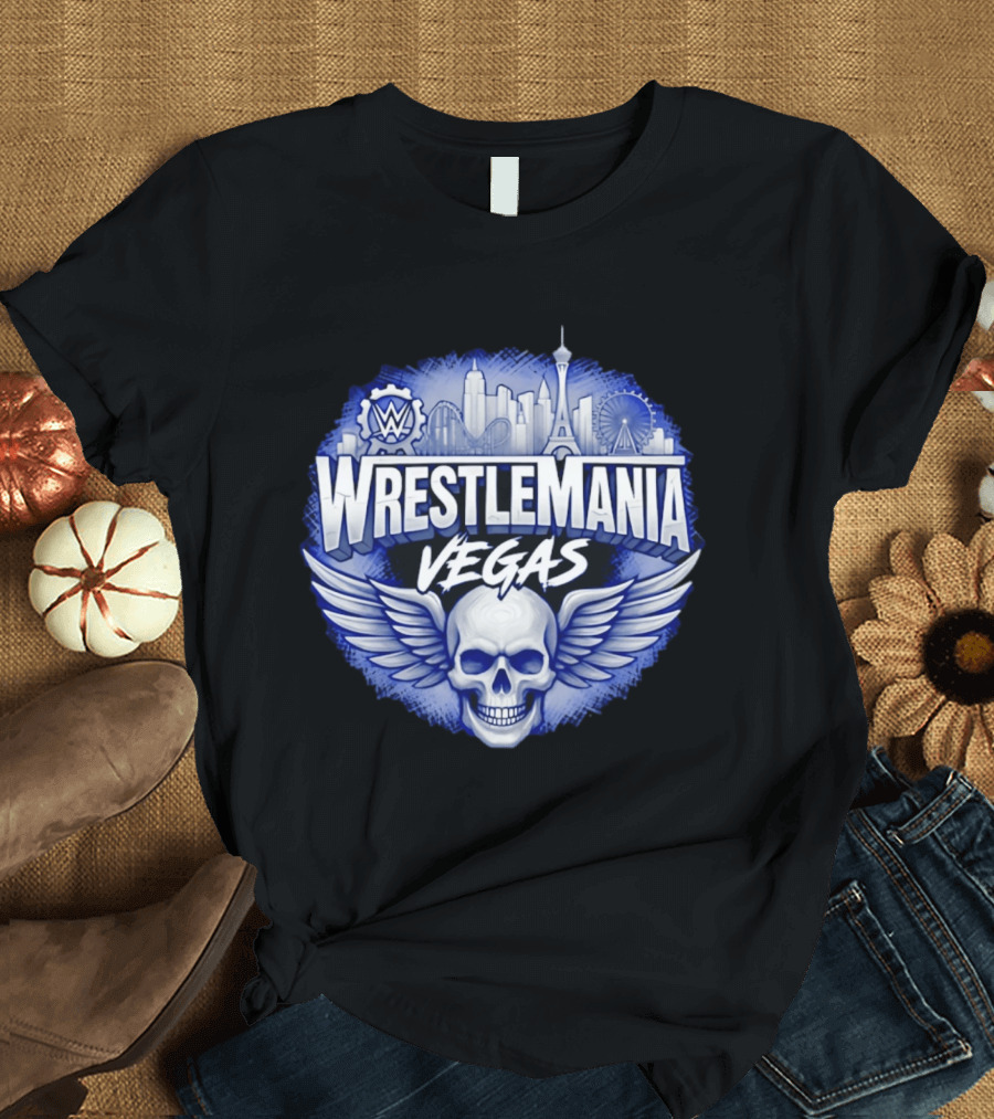 Cody Rhodes WWE Wrestlemania Vegas 42 Skull Wings Skyline T-Shirt