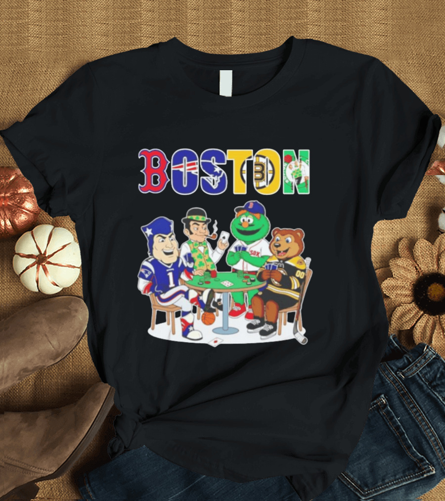Boston Teams Playing Cards Patriots Red Sox Celtics Bruins Logos T-Shirt