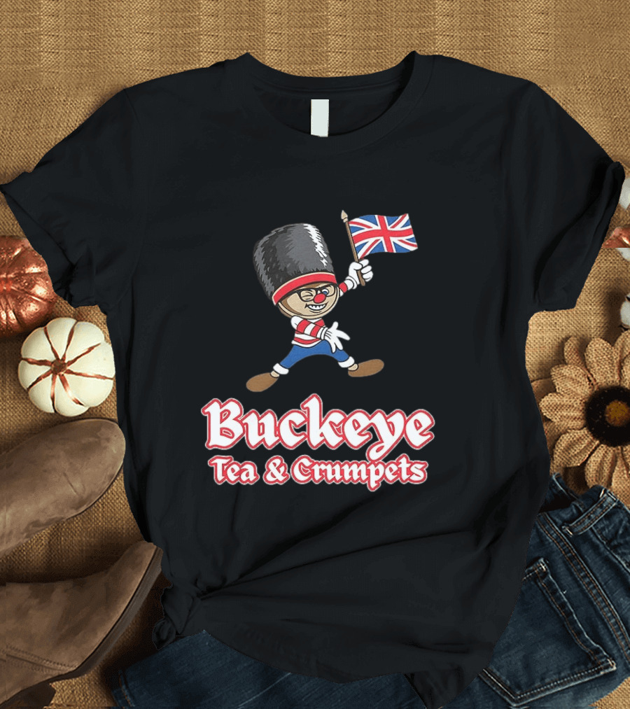 Buckeye Tea And Crumpets British Guard Cartoon With Union Jack Flag T-Shirt