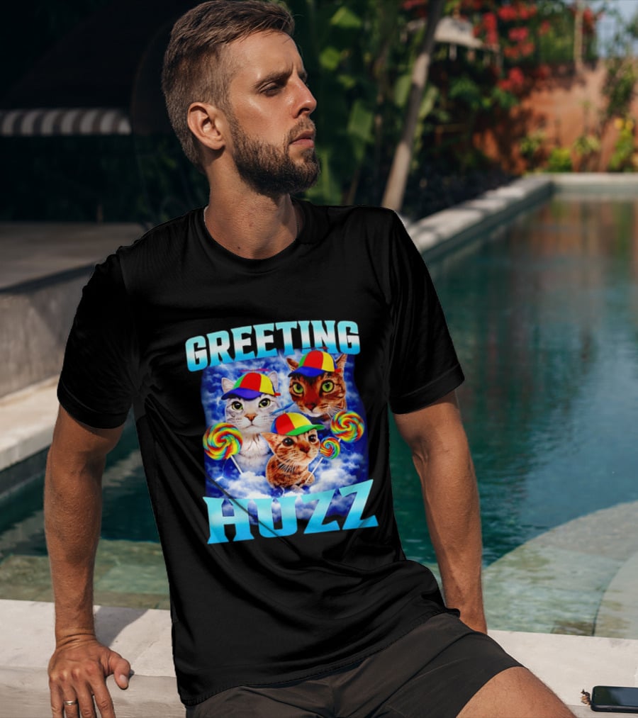 Greeting Huzz Cat Meme With Lollipops And Colorful Hats T-Shirt