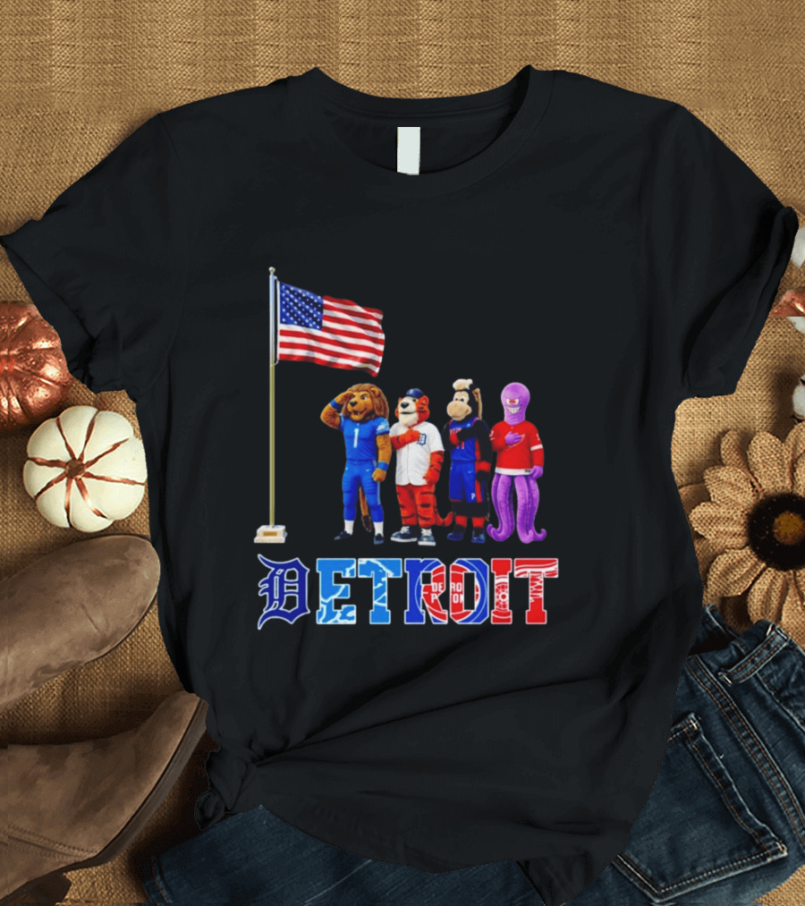 Detroit Mascots Salute American Flag T-Shirt