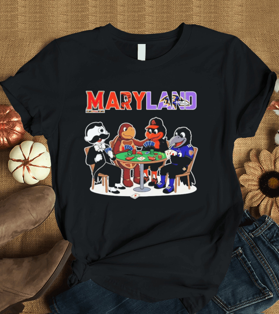 Maryland Mascots Playing Poker With Natty Boh, Orioles, Ravens, And Terrapins T-Shirt
