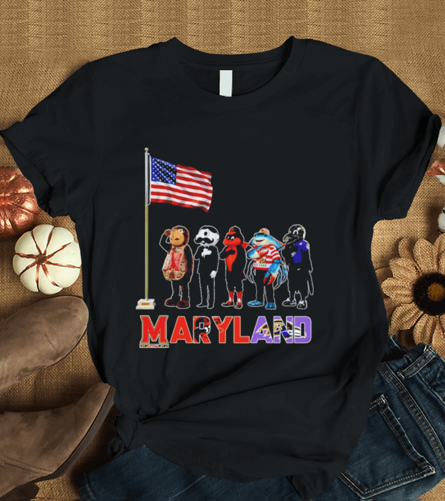 Maryland Mascots Saluting American Flag T-Shirt