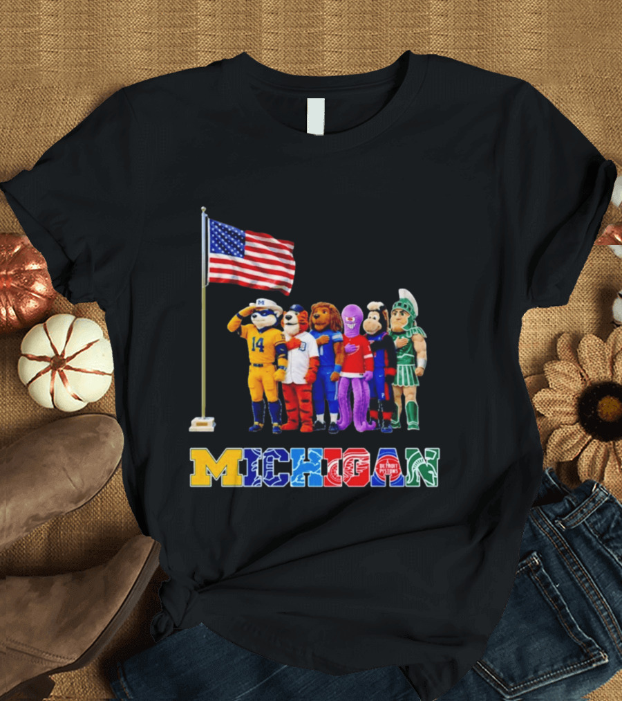 Patriotism In Michigan Sports Mascots Saluting American Flag T-Shirt