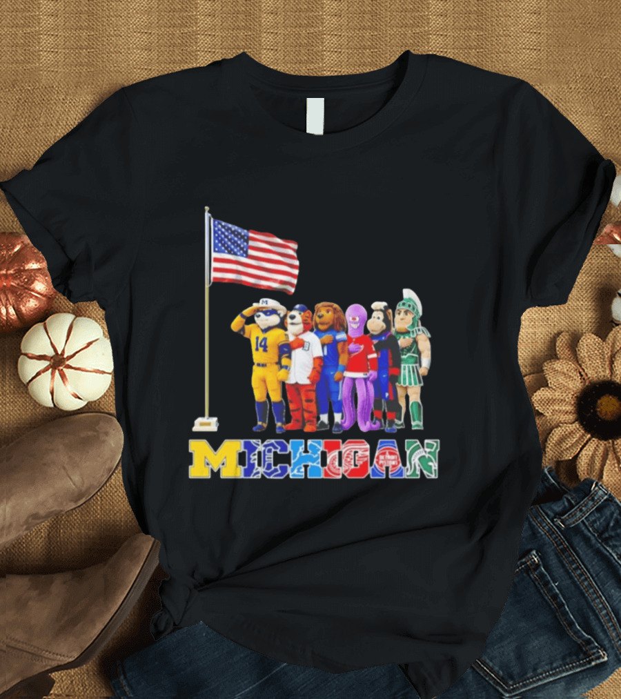 Michigan Wolverine Tigers Lions Red Wings Pistons Spartans Salute American Flag T-Shirt