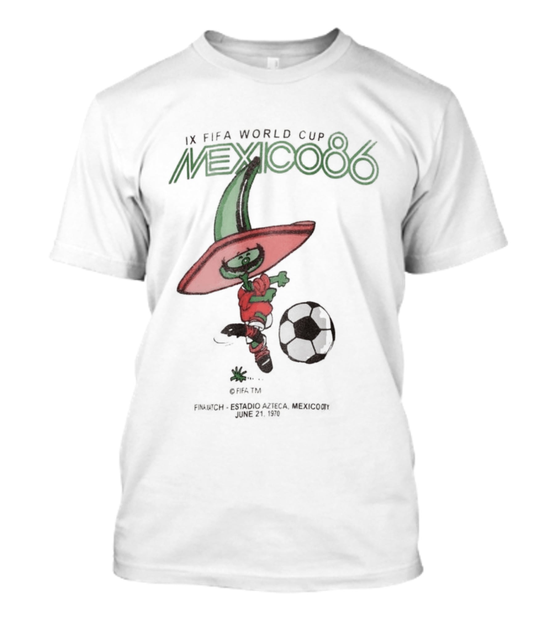 IX FIFA World Cup Mexico 86 Mascot Pique In Red Sombrero And Green Poncho With Soccer Ball T-Shirt