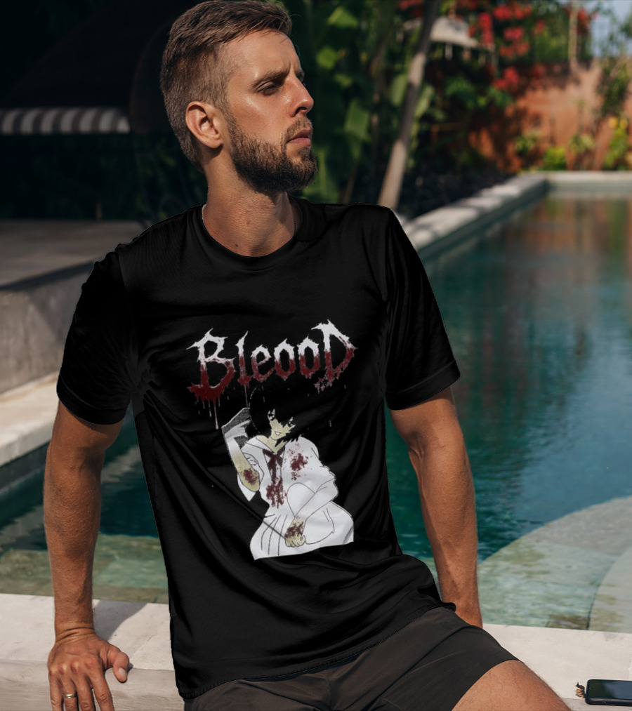Blood Anime Style Dripping Text And Mysterious Figure T-Shirt