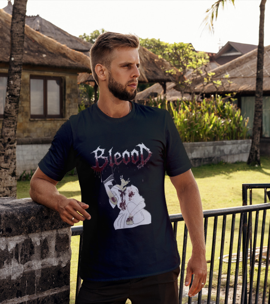 Blood Anime Style Dripping Text And Mysterious Figure T-Shirt