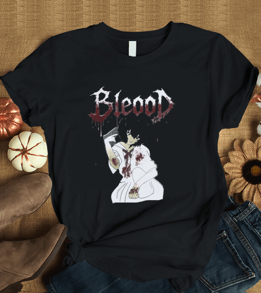 Blood Anime Style Dripping Text And Mysterious Figure T-Shirt