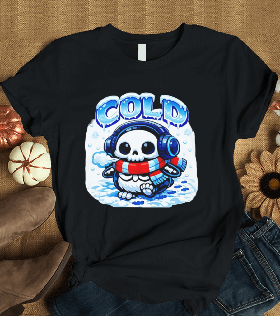 Cold Penguin Skeleton Winter Scarf Headphones Snowflakes T-Shirt