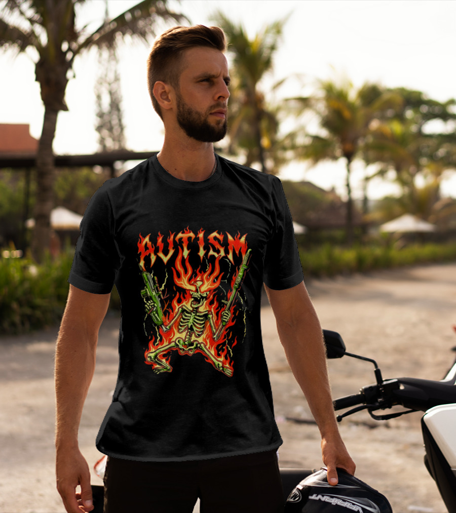 Skeleton Blazing Holding Two Rifle Guns Autism Flame T-Shirt