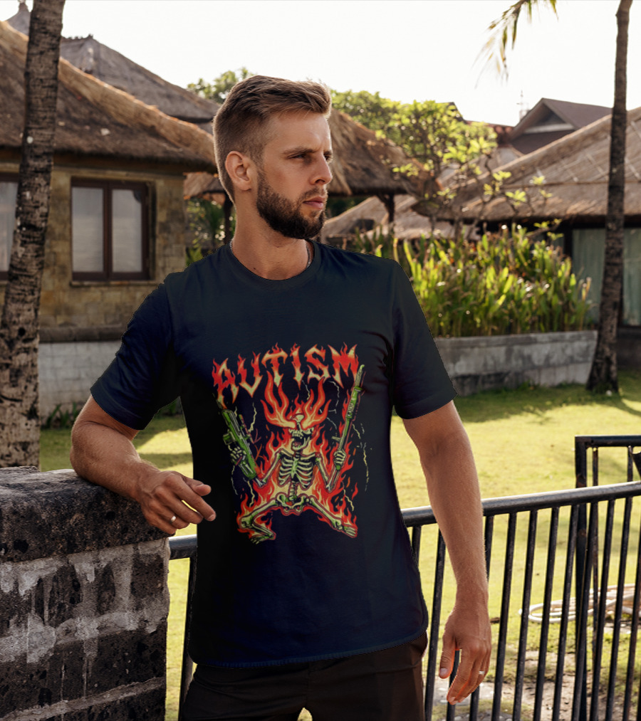 Skeleton Blazing Holding Two Rifle Guns Autism Flame T-Shirt