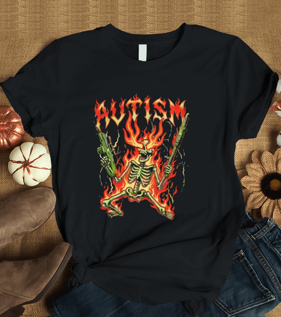 Skeleton Blazing Holding Two Rifle Guns Autism Flame T-Shirt