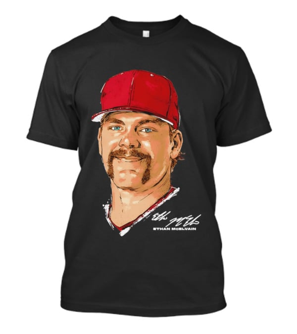Ethan McElvain Arkansas Razorbacks Baseball Player Portrait In Red Cap T-Shirt