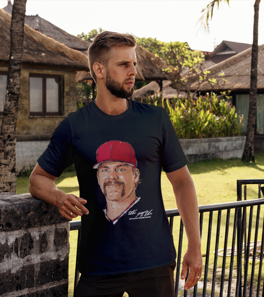 Ethan McElvain Arkansas Razorbacks Baseball Player Portrait In Red Cap T-Shirt