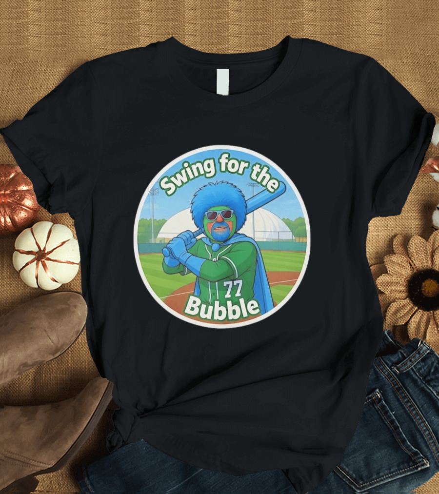 Swing For The Bubble 77 Baseball Cartoon Player Stadium T-Shirt