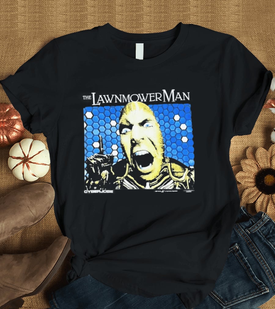 The Lawnmower Man Futuristic Cybernetic Face Against Blue Hexagon T-Shirt