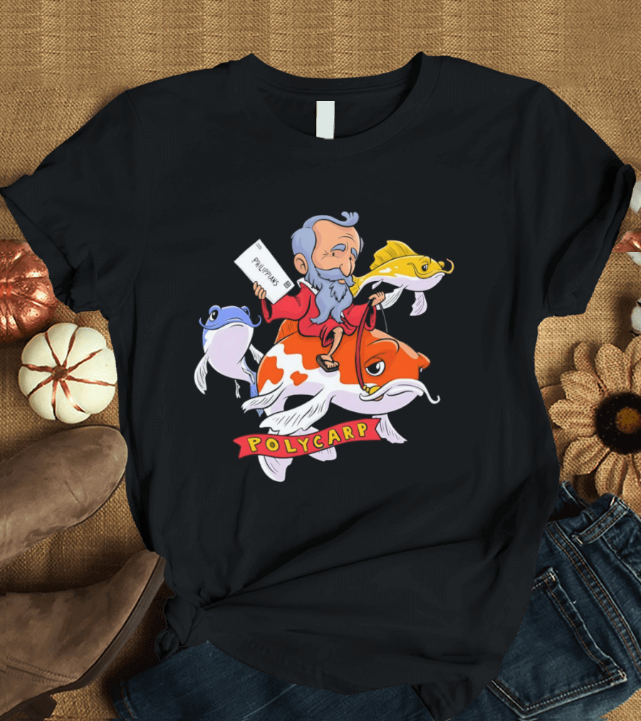 Polycarp Philippians Cartoon Elder Riding Giant Koi Fish With Scroll And Whimsical Sea Creatures T-Shirt