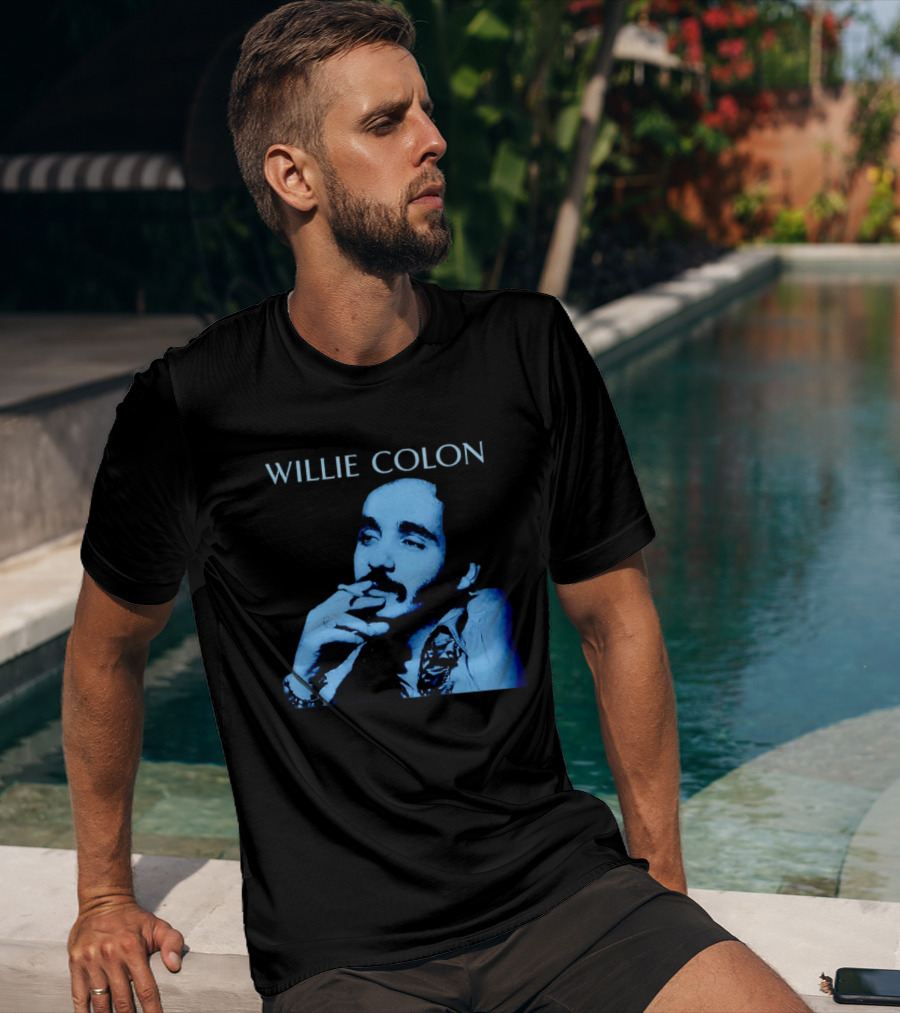 WILLIE COLON Blue Portrait Smoking Image T-Shirt