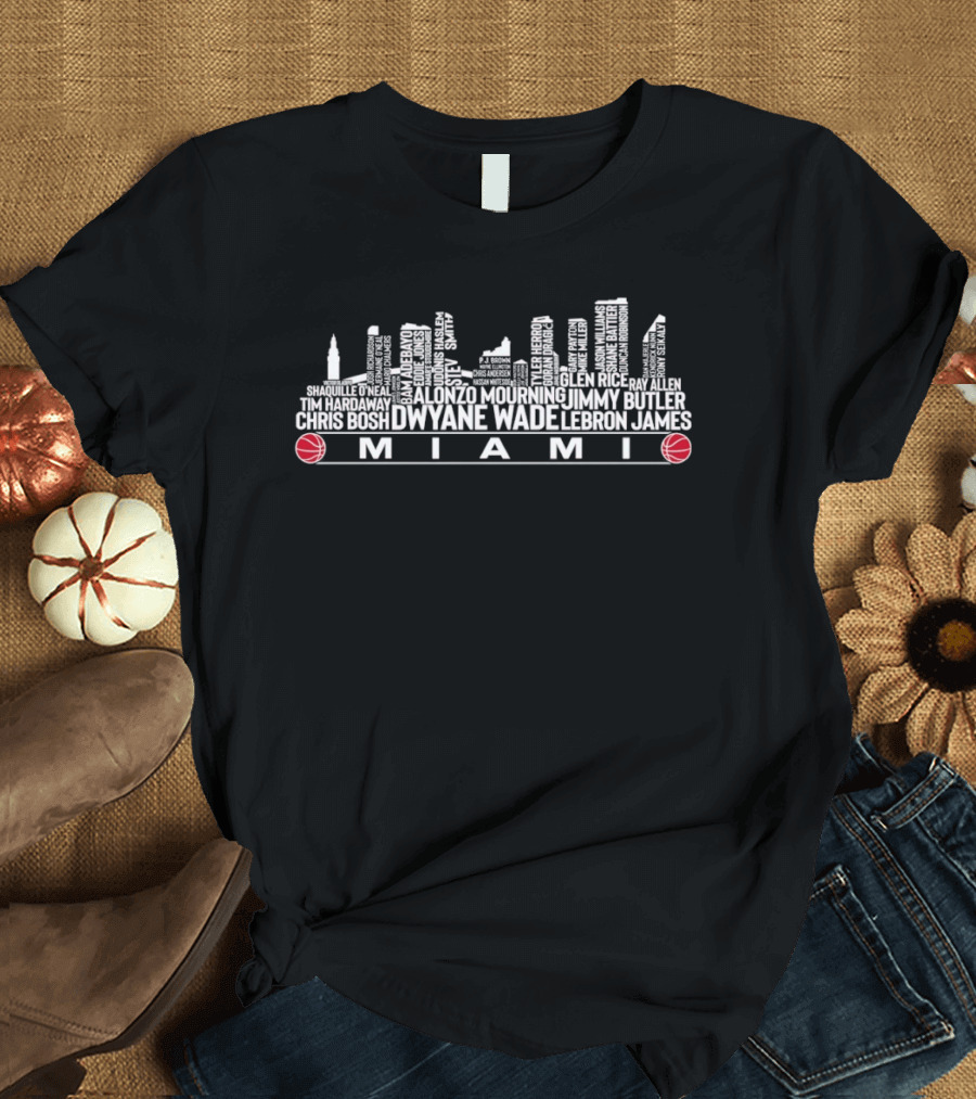 Miami City Skyline Basketball Legends Dwyane Wade LeBron James Jimmy Butler Chris Bosh T-Shirt