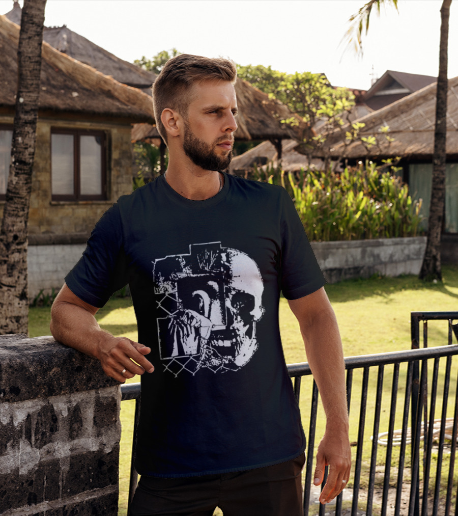 Harms Way Chain Link Skull 2026 Distorted Surreal White Design With Fence T-Shirt