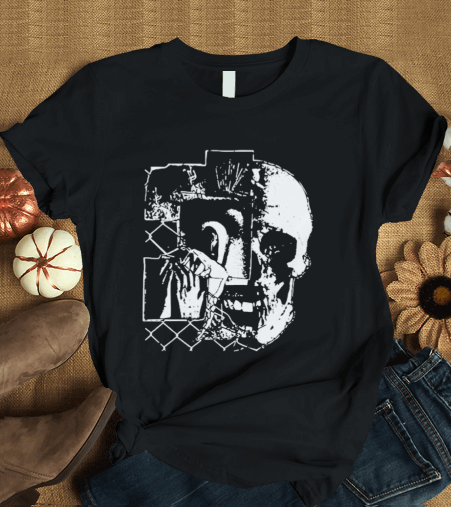 Harms Way Chain Link Skull 2026 Distorted Surreal White Design With Fence T-Shirt