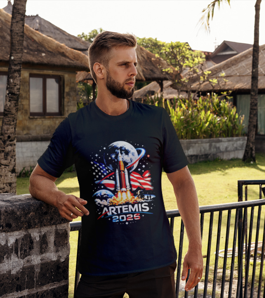 Artemis 2025 Rocket Launch USA Flag Moon Exploration T-Shirt