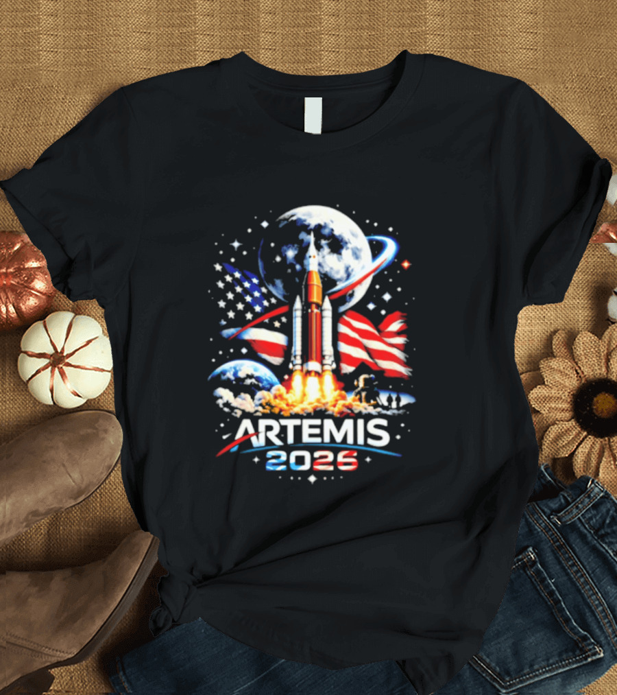 Artemis 2025 Rocket Launch USA Flag Moon Exploration T-Shirt