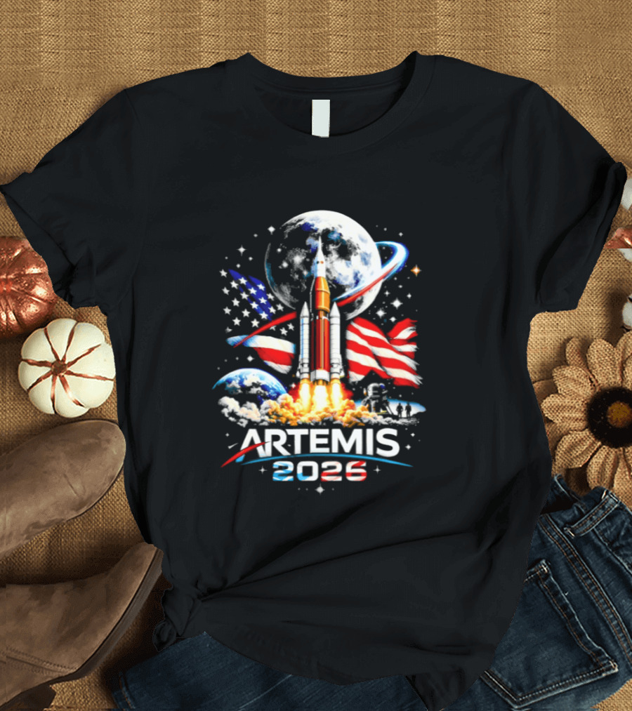 Artemis 2026 Moon Mission American Rocket Launch With Flag And Stars T-Shirt