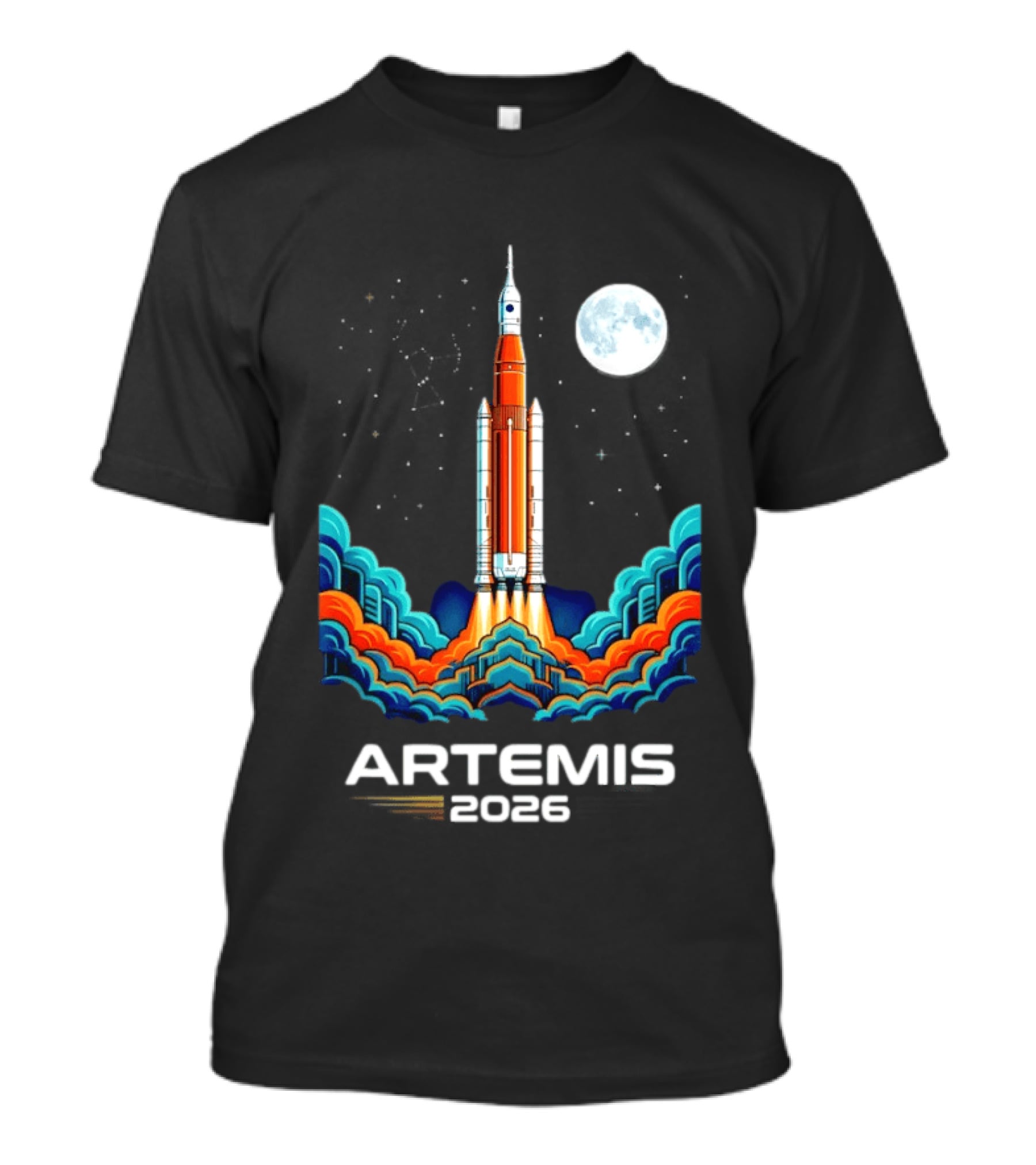 Artemis 2026 Moon Mission Rocket Launch With Vibrant Waves And Full Moon T-Shirt