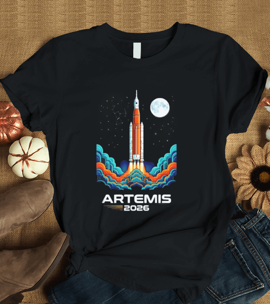 Artemis 2026 Moon Mission Rocket Launch with Vibrant Waves and Full Moon T-Shirt