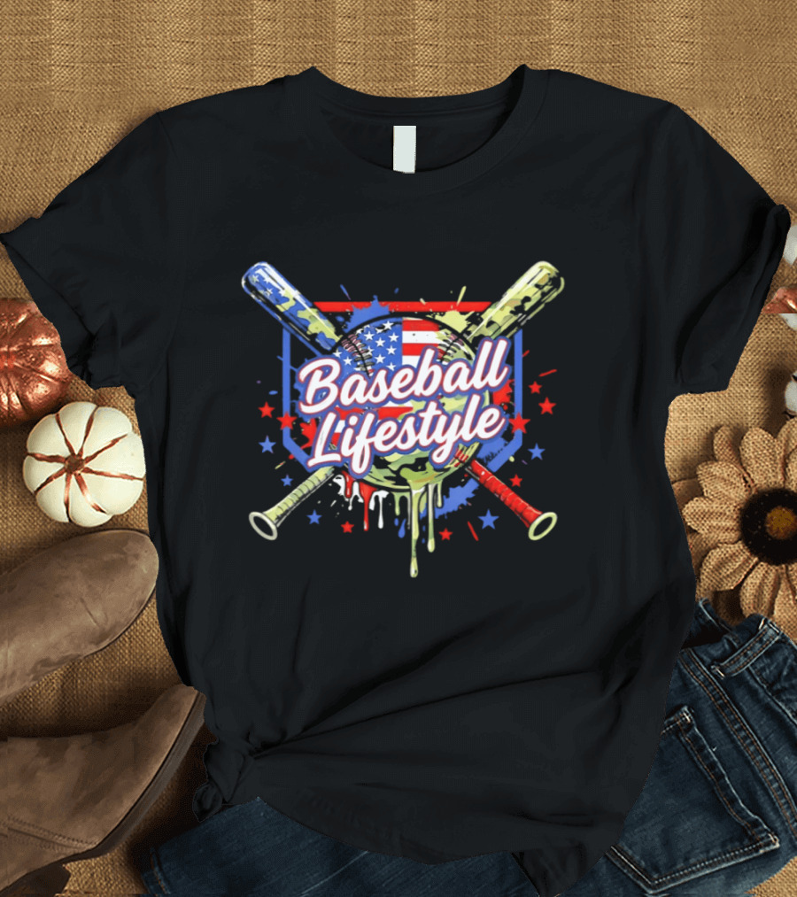Baseball Lifestyle Camo American Flag Bats Stars Paint Splatter T-Shirt